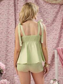 COSMINA Women's Summer Boho Light Green Smocking Cotton Cami Top With Wooden Buttons And Bow Tie Shoulder Straps - Green - View 2