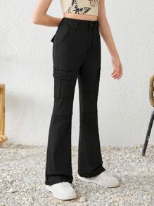 Quần jeans cargo cạp cao, túi nắp, ống loe bên hông, phong cách Y2K dành cho bé gái tuổi teen, thích hợp mặc đi xem hòa nhạc mùa hè. - màu đen - Xem 5