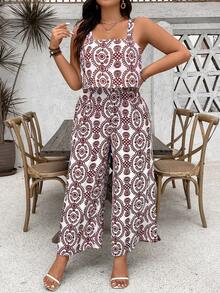 SHEIN Holidaya 大碼女士復古印花簡約日常連身褲帶子款 - 紅色 - 查看 3