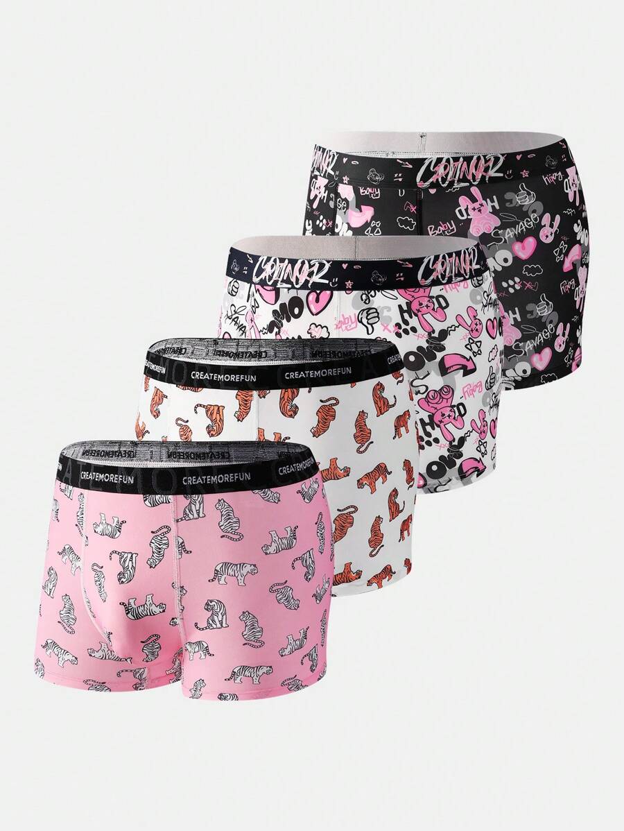 Men's Cartoon Print Woven Boxer Shorts (4pcs/Set) - Multicolor - View 1