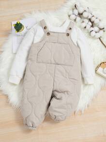 SHEIN 新生男童/女童复古菱格绗缝加厚保暖面料可调节肩带连体裤，米色，百搭休闲套装适合室内和室外，韩式/日系风格 - 杏色 - 查看 1