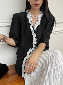 DAZY 女士夏季休闲撞色荷叶边亚麻衬衫 - 黑色 - 查看 1