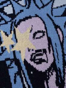 ANDREILEE Cartoon Character & Letter Graphic Ombre Print Casual Loose Fit Crew Neck Long Sleeve Knit Sweater, Suitable For Spring, Autumn, Winter - Blue - View 4