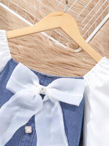 SHEIN Tween Girl Dżinsowa sukienka z blokami kolorów i ozdobioną kokardką z klapami i długimi rękawami