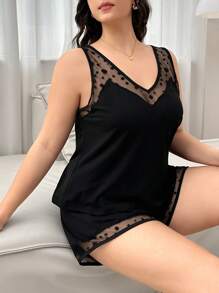 Conjunto de pijama de talla grande con camisola y pantalón corto de malla con empalme de lunares