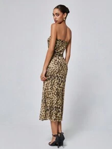 Chiquease Leopard Print Split Thigh Tube Longline Dress - Mocha Brown - View 3