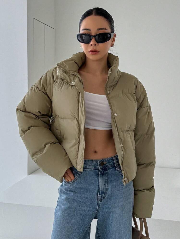 Solid Color Stand Collar Short Thick Women Padded Coat, Winter Jacket