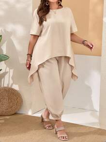 SHEIN CURVE+ Plus Size Women'S Short Sleeve Asymmetrical Hem Top And Bloomers Boho Khaki Two-Piece For Spring