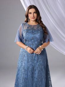 SHEIN Belle Plus Size Nữ Tương Phản Lưới Tay Bướm Phối Ren Váy Dâu - Màu xanh bụi bặm - Xem 5