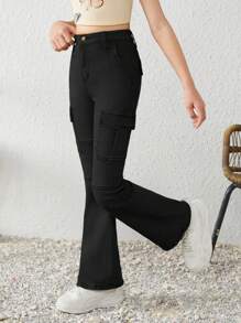 Quần jeans cargo cạp cao, túi nắp, ống loe bên hông, phong cách Y2K dành cho bé gái tuổi teen, thích hợp mặc đi xem hòa nhạc mùa hè. - màu đen - Xem 3