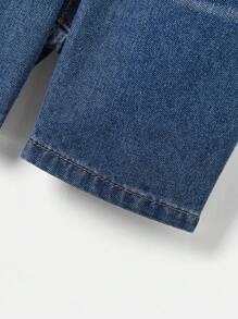 SHEIN 男童 2 件套休闲舒适柔软蓝色牛仔衬衫和蓝色牛仔短裤套装，适合春夏季男童服装 - 深色水洗藍 - 查看 6