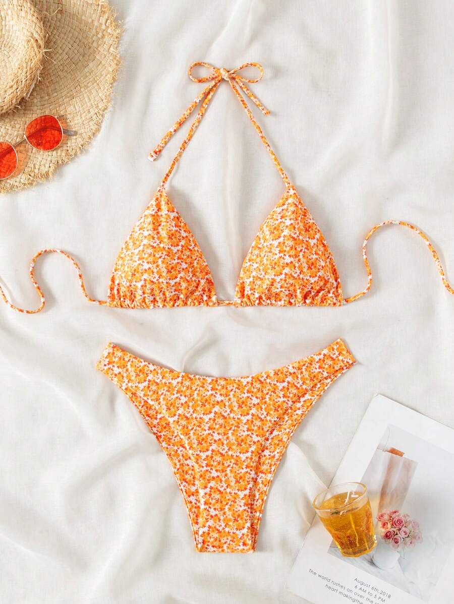 SHEIN Swim 女士夏季海灘小碎花橘色頸掛式性感比基尼套裝，隨機印花 - 橘色 - 查看 1