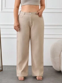 EURMUSE Plus High Waist Straight Fit Jeans - Beige - View 3