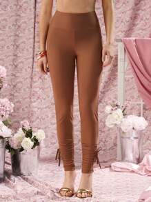 COSMINA Women's Reddish Brown Color High-Waisted Foot-Tied Wrinkle Fashion Leggings - Brown - View 5