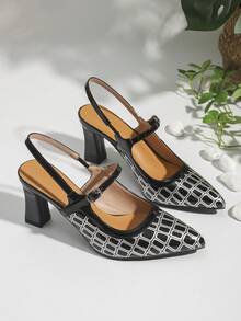 2024新款女士尖頭鑽孔高跟鞋，黑色瑪麗珍羅馬風格粗跟鞋 - 彩色 - 查看 4