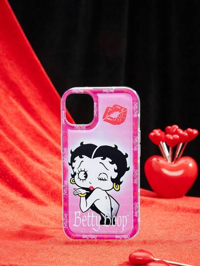 Betty Boop | ROMWE Carcasa de teléfono transparente pintada de negro con diseño personalizado de labios rosados ​​y degradado estilo caricatura, compatible con la serie de iPhone 12 13 14