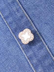 SHEIN Tween Girl Dżinsowa sukienka z blokami kolorów i ozdobioną kokardką z klapami i długimi rękawami