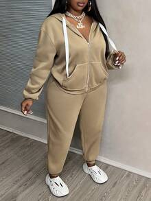 Slaydiva 大码驼色长袖连帽运动衫和长裤套装，拉链开合，秋冬 - 駝色 - 查看 3