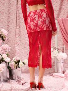 COSMINA 女式優雅花邊膝長筆裙 - 紅色 - 查看 2