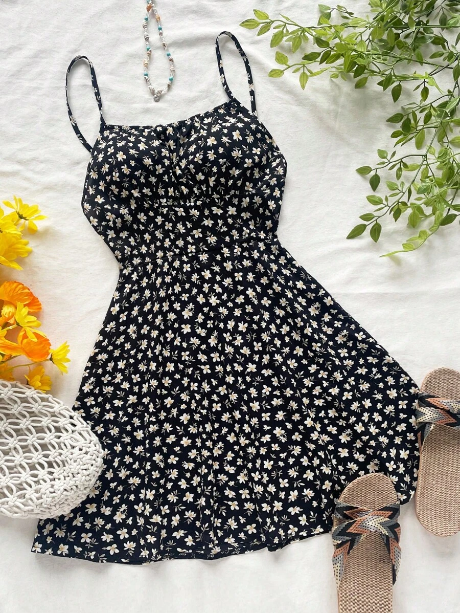 Soleia Women's Ditsy Floral Cross Strap Backless Cami Dress, Summer