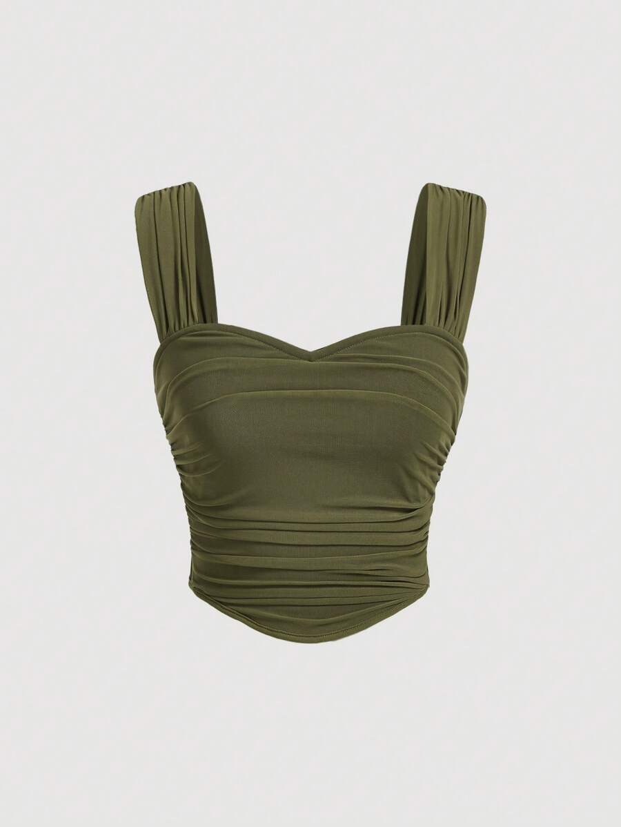 SHEIN MOD 素色褶邊寬肩帶上衣