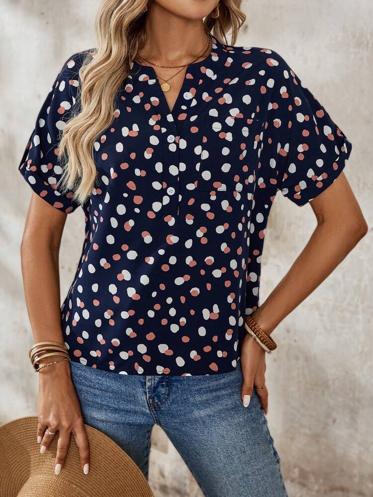 Women's Printed Notched Collar Roll-Up Sleeve Shirt Women Blouses Basic T Shirt