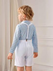 SHEIN 2pcs/Set Casual Plaid Collar Button-Up Shirt And Overall Shorts With Contrasting Sleeve Cuffs For Boys, Suitable For Parties - Baby Blue - View 2