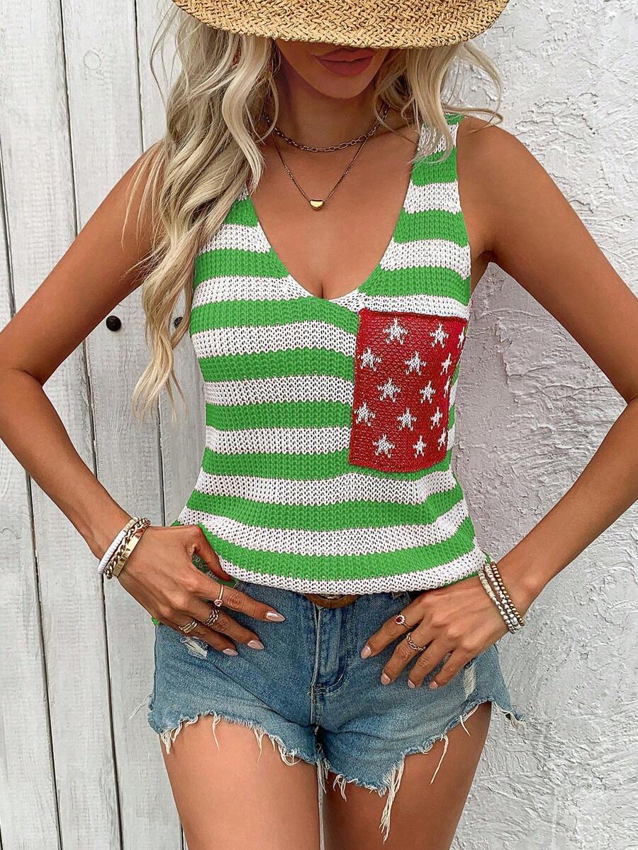SHEIN LUNE Striped & Star Pattern Knit Top - Green - View 1