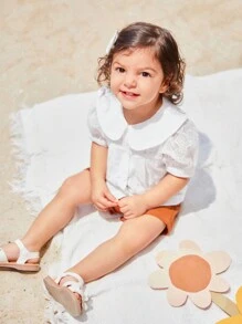 SHEIN Bộ áo ngắn và cổ áo Peter-Pan màu trắng mùa hè cho bé gái - Cà phê nâu - Xem 5
