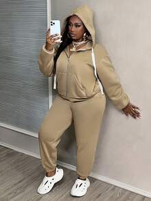 Slaydiva 大码驼色长袖连帽运动衫和长裤套装，拉链开合，秋冬 - 駝色 - 查看 4