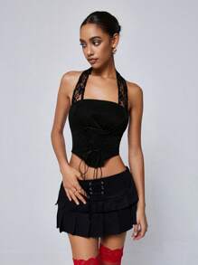 Aveloria Affinna Conjunto de 2 piezas dulce y fresco para verano con top halter de encaje trasparente y falda mini plisada empalmada con encaje