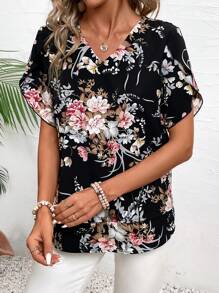 EMERY ROSE Áo kiểu nữ tay ngắn cổ chữ V in hoa thanh lịch cho kỳ nghỉ - Nhiều màu - Xem 4