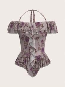 SHEIN Privé Parte superior con volantes y aberturas en los hombros, estampado floral, tirantes con lazo, bajo asimétrico elegante para mujer en verano