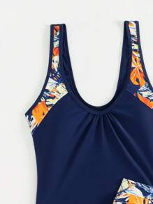 SHEIN Swim Lushore 夏季女士印花拼接分体泳衣（配平角裤） - 藏蓝色 - 查看 3