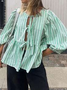 INAWLY Camicia da donna taglie forti con stampa a righe, semplice con maniche lunghe per l'uso quotidiano - Verde - Visualizzare 4