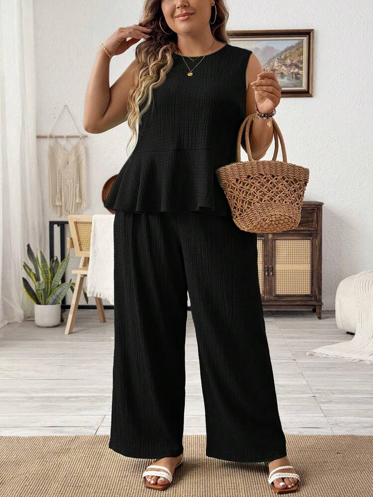 SHEIN LUNE Conjunto de duas peças tamanho plus size com colete de cor sólida e calça longa para uso casual em férias - Preto - Visão 1