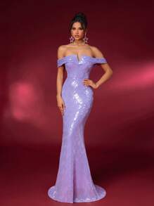 SHEIN Belle Elegant And Gorgeous Purple V-Neck Off-Shoulder Mermaid Formal Dress For Prom Or Other Special Occasions - Purple - View 6