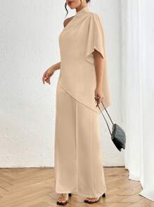 SHEIN Privé Áo Sơ Mi Xếp Ly Một Vai Đơn Giản & Thanh Lịch Màu Trơn & Quần Ống Rộng Lưng Cao - Màu be - Xem 5