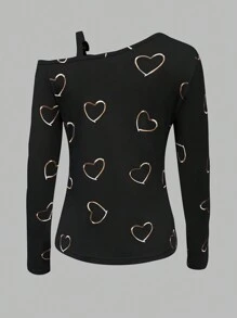 SHEIN LUNE 女士春夏长袖休闲T恤，不对称领口，金色爱心印花图案，春季女式上衣 - 黑色 - 查看 2