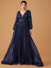 YISIKADO 女性高端優雅亮片派對連衣裙，V領、籠狀袖、網片拼接和寬鬆下擺，適用於正式場合 - 藏蓝色 - 查看 2