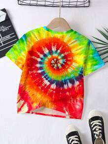SHEIN Camiseta Casual de Tie-Dye com Impressão de Arco-Íris, Caimento Solto, Manga Curta, Adequada para o Verão, para um Garoto Jovem