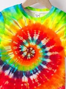 SHEIN Camiseta Casual de Tie-Dye com Impressão de Arco-Íris, Caimento Solto, Manga Curta, Adequada para o Verão, para um Garoto Jovem