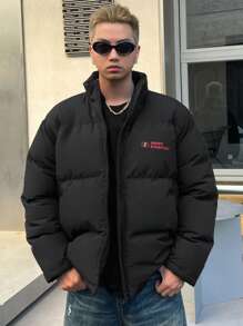 DAZY Winter Men's Padded Coat With Letter Print Jacket - Black - View 9