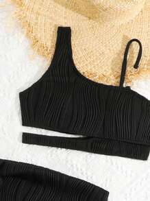 Teen Girl Summer Beach Plain Textured Bikini Set - Black - View 5
