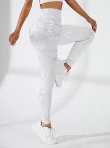 SHEIN Sport Studio High Waist Yoga Pants With Gold Foil Printed, Personalized And Sexy, Sports And Leisure Body Shaping Yoga Leggings