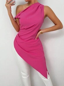 Chiquease Top largo de mujer con cuello asimétrico en rosa - Rosa Fucsia - Ver 5