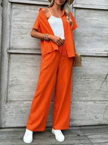 SHEIN LUNE Conjunto de camisa naranja de manga corta y pantalón largo casual y elegante para verano adecuado para viajes - Naranja Quemada - Ver 4