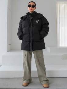 DAZY Damen-Kapuzenmantel mit Buchstaben-Muster und Wattierung, Winterbekleidung für Damen, Wintermantel Damenjacke Schule - Schwarz - Übersicht 6