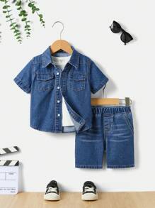 SHEIN 男童 2 件套休闲舒适柔软蓝色牛仔衬衫和蓝色牛仔短裤套装，适合春夏季男童服装 - 深色水洗藍 - 查看 1