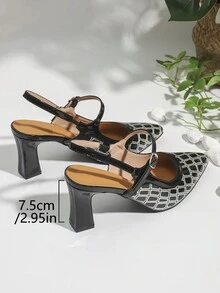 2024新款女士尖頭鑽孔高跟鞋，黑色瑪麗珍羅馬風格粗跟鞋 - 彩色 - 查看 8